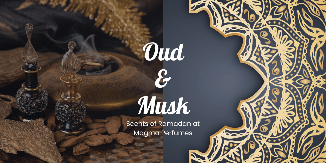 Luxurious Oud and Musk perfume bottles with an elegant Ramadan backdrop, featuring warm golden lighting, traditional lanterns, and a serene spiritual ambiance