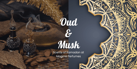 Luxurious Oud and Musk perfume bottles with an elegant Ramadan backdrop, featuring warm golden lighting, traditional lanterns, and a serene spiritual ambiance