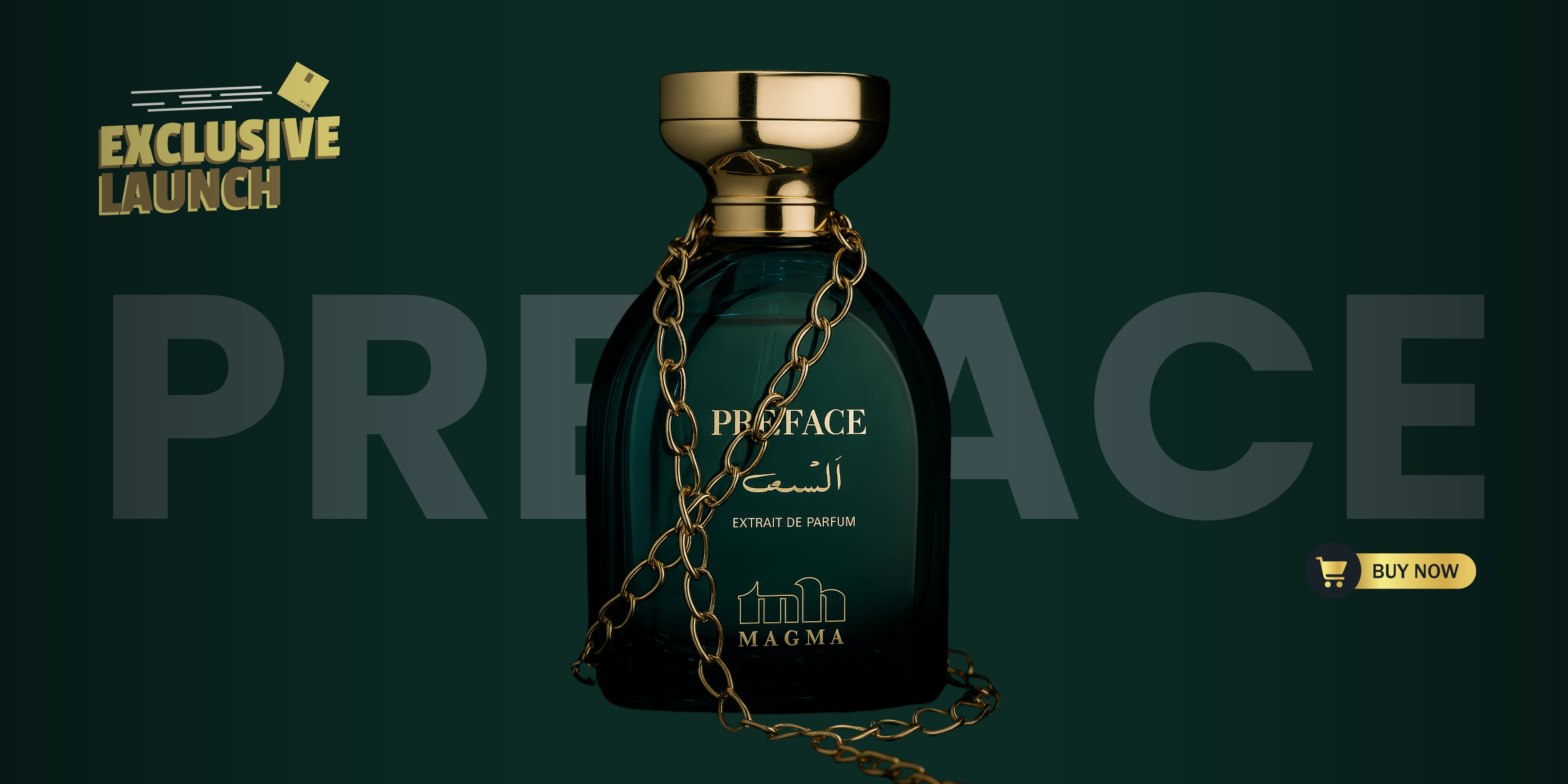 Elegant & luxury unisex perfume Preface by Magma Perfumes featuring luxurious packaging with notes of oud, amber, incense, vetiver, and leather.