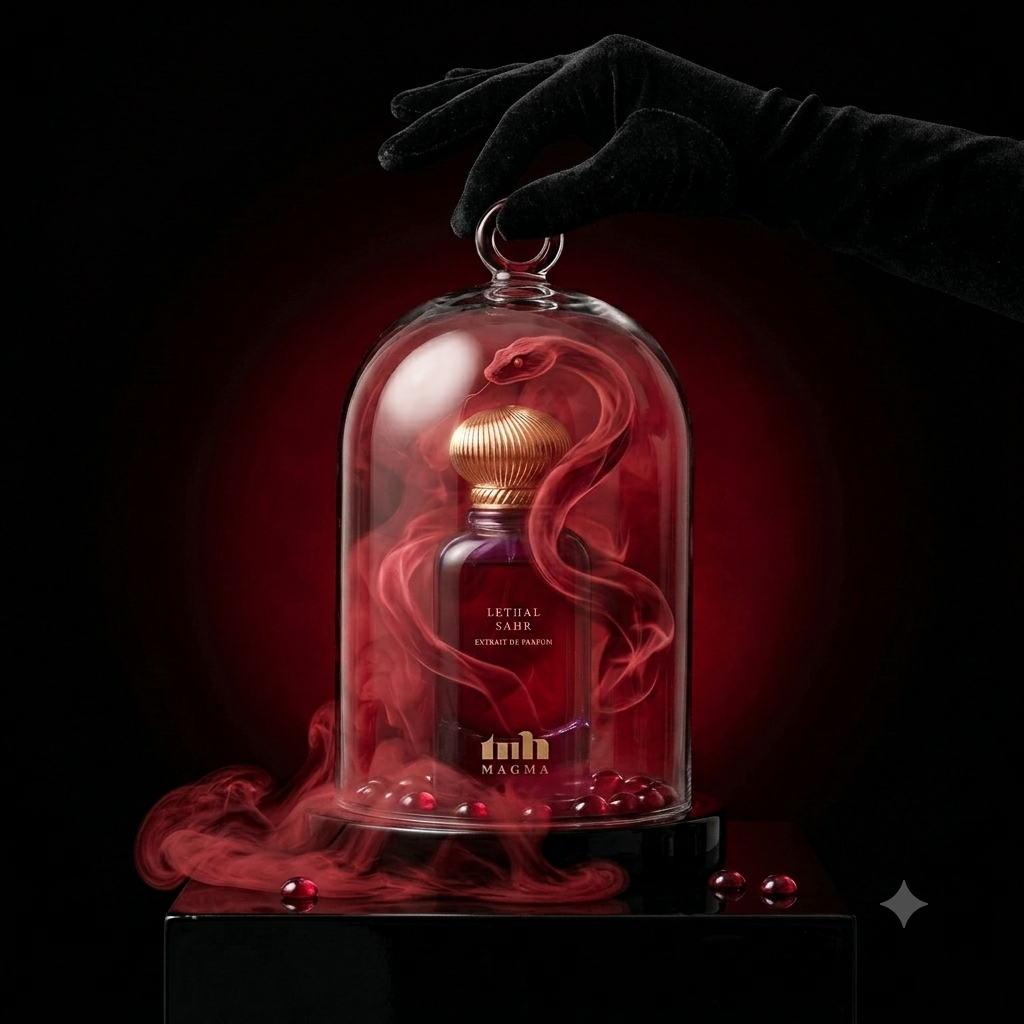 Lethal Sahr Extrait de Parfum by Magma Perfumes, a luxury Arabic fragrance with a premium perfume bottle displayed in a dramatic red smoke setting.