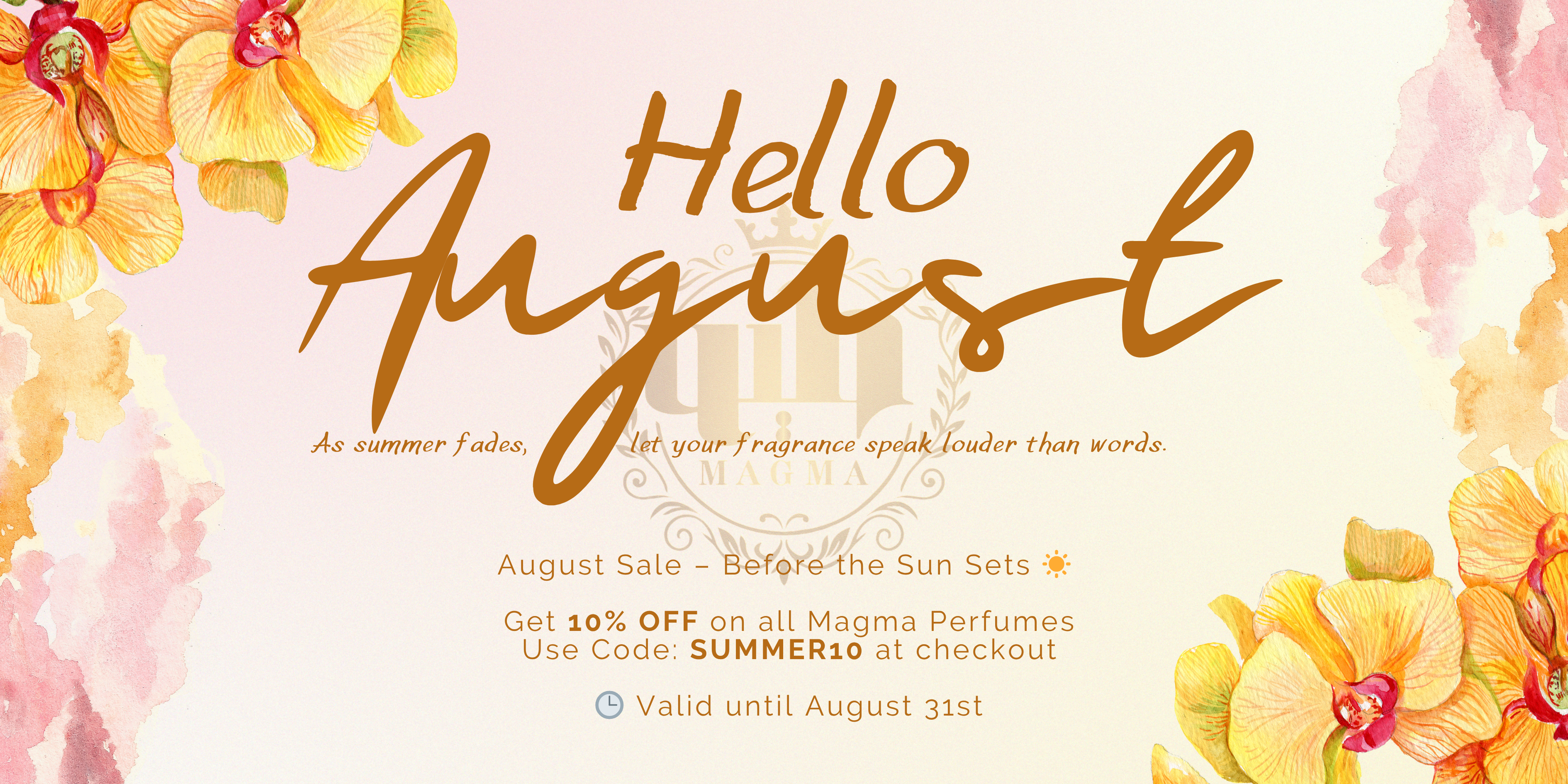 August perfume sale banner with summer ends theme, featuring 15% discount code from Magma Perfumes.