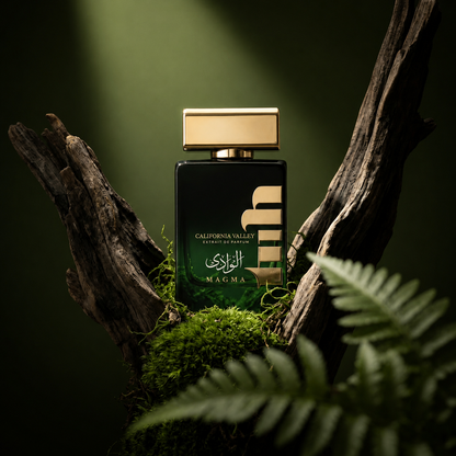 Luxury Arabic perfume bottle by Magma Perfumes Dubai displayed in a natural forest setting, representing premium UAE fragrances and long lasting niche perfumes.