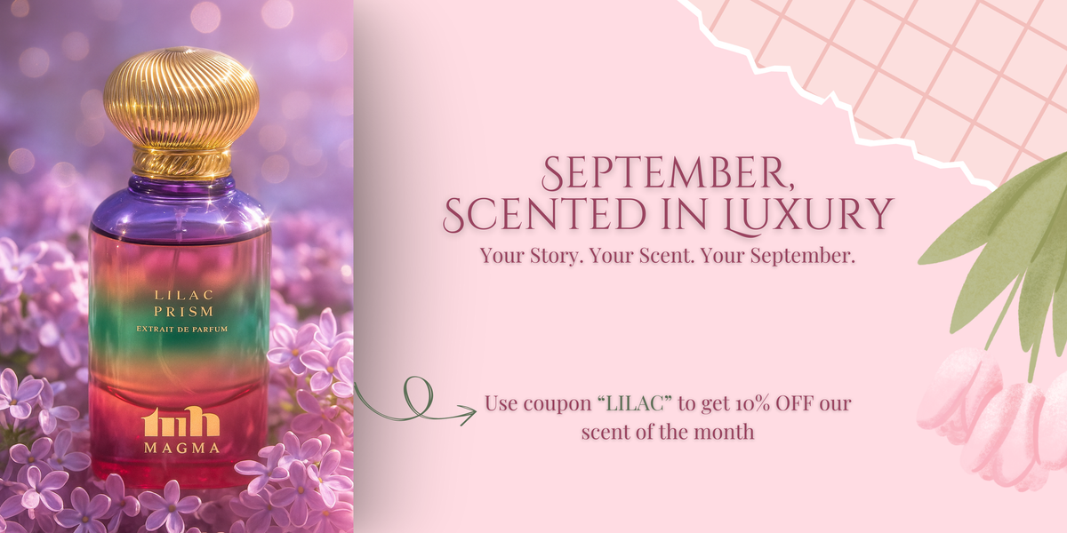 September luxury perfume banner by Magma Perfumes showcasing elegant fragrances for men and women, perfect for autumn and seasonal scents.