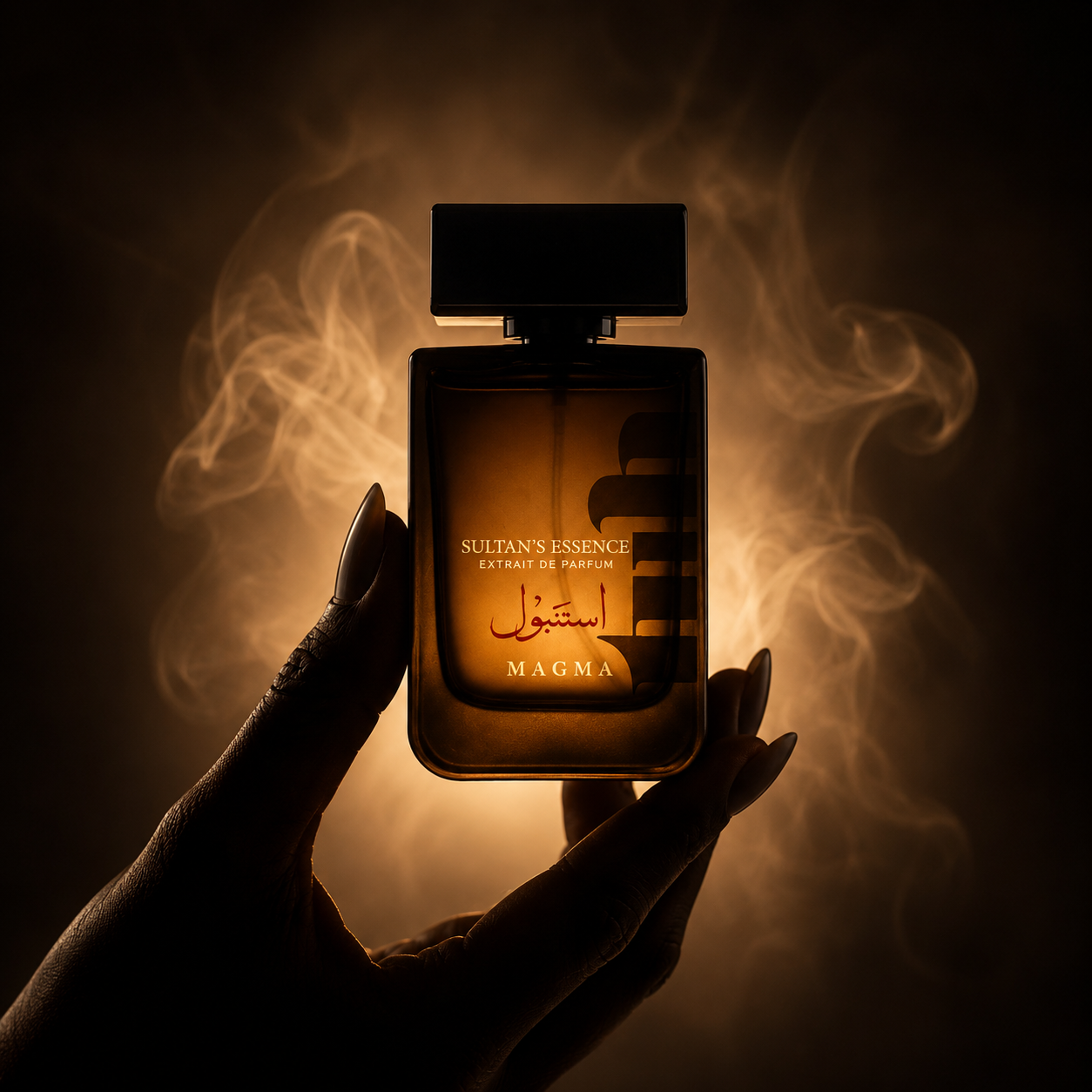Sultan’s Essence Extrait de Parfum by Magma Perfumes, a luxury Arabic fragrance displayed in a dramatic amber-lit setting with a premium perfume bottle design.